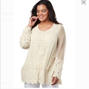 Roamans mesh pearl and lace embellished blouse